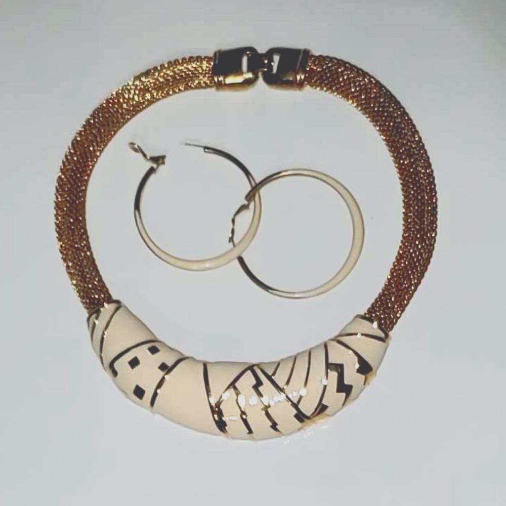 1980's Monet Ivory Enamel Statement Necklace with Ivory Unbranded Hoop Earrings